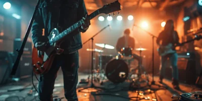 Ein rockige Band tritt auf einer großen Bühne mit intensivem Bühnenlicht auf, während ein Gitarrist im Vordergrund zu sehen ist und ein Schlagzeuger im Hintergrund spielt. Diese Szene symbolisiert die energiegeladene Atmosphäre, die man von einem Festival wie dem "Rock am Ring 2025 Lineup" erwarten würde.