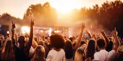 Eine große Menschenmenge bei Rock im Park, die bei Sonnenuntergang die Hände in die Luft streckt und die Musik vor der hell erleuchteten Bühne genießt.