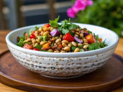 Eine bunte Schüssel mit Weizenbeersalat, garniert mit frischem Gemüse wie Tomaten, Paprika, roten Zwiebeln und Koriander, steht auf einem Holztablett im Freien. Im Hintergrund sind unscharf grüne Pflanzen und pinke Blumen zu sehen.