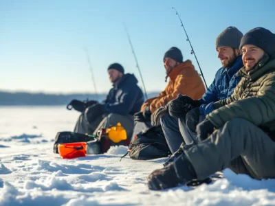 Angeln im Winter – Tipps, Ausrüstung & Hotspots für erfolgreiche Fänge 21 Vier Freunde beim Eisangeln auf einem zugefrorenen See an einem sonnigen Wintertag – Winterangeln mit Angelausrüstung