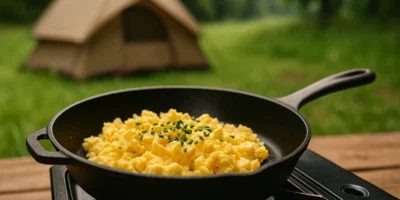 Eine schwarze gusseiserne Pfanne steht auf einem Campingkocher im Freien. Darin brutzelt frisches, cremiges Rührei, garniert mit Schnittlauch. Im Hintergrund ist unscharf ein Zelt auf einer grünen Wiese zu erkennen, umgeben von Natur. Das Bild vermittelt die entspannte Stimmung eines typischen Campingfrühstücks in freier Natur.