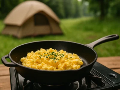Eine schwarze gusseiserne Pfanne steht auf einem Campingkocher im Freien. Darin brutzelt frisches, cremiges Rührei, garniert mit Schnittlauch. Im Hintergrund ist unscharf ein Zelt auf einer grünen Wiese zu erkennen, umgeben von Natur. Das Bild vermittelt die entspannte Stimmung eines typischen Campingfrühstücks in freier Natur.