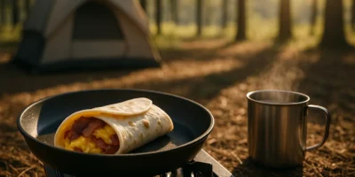 Ein frisch zubereiteter Tortilla-Wrap mit Rührei, Käse und knusprigem Speck liegt in einer Pfanne auf einem kleinen Campingkocher. Daneben steht eine dampfende Metalltasse mit Kaffee, während im Hintergrund ein Zelt im Morgenlicht zwischen Bäumen erkennbar ist. Sonnenstrahlen durchdringen den Wald und tauchen die Szene in warmes Licht. Das Bild vermittelt die gemütliche Atmosphäre eines energiegeladenen Camping-Frühstücks.