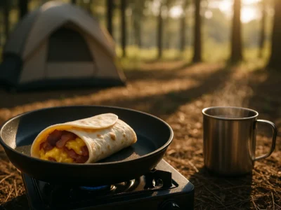 Ein frisch zubereiteter Tortilla-Wrap mit Rührei, Käse und knusprigem Speck liegt in einer Pfanne auf einem kleinen Campingkocher. Daneben steht eine dampfende Metalltasse mit Kaffee, während im Hintergrund ein Zelt im Morgenlicht zwischen Bäumen erkennbar ist. Sonnenstrahlen durchdringen den Wald und tauchen die Szene in warmes Licht. Das Bild vermittelt die gemütliche Atmosphäre eines energiegeladenen Camping-Frühstücks.