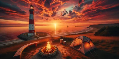 Camping am Leuchtturm mit Sonnenuntergang und Meerblick