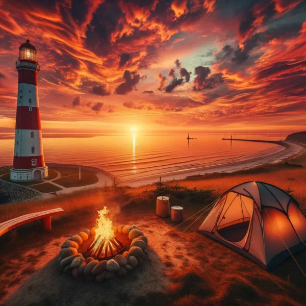 Camping am Leuchtturm mit Sonnenuntergang und Meerblick