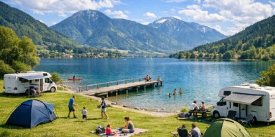 Camping am Tegernsee Stellplätze mit Wohnmobilen am Seeufer vor Bergkulisse
