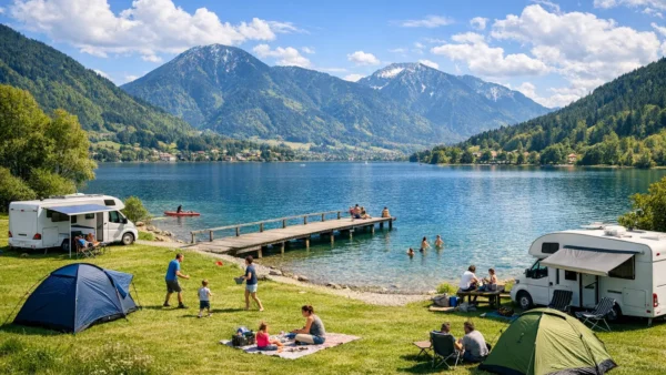 Camping am Tegernsee Stellplätze mit Wohnmobilen am Seeufer vor Bergkulisse