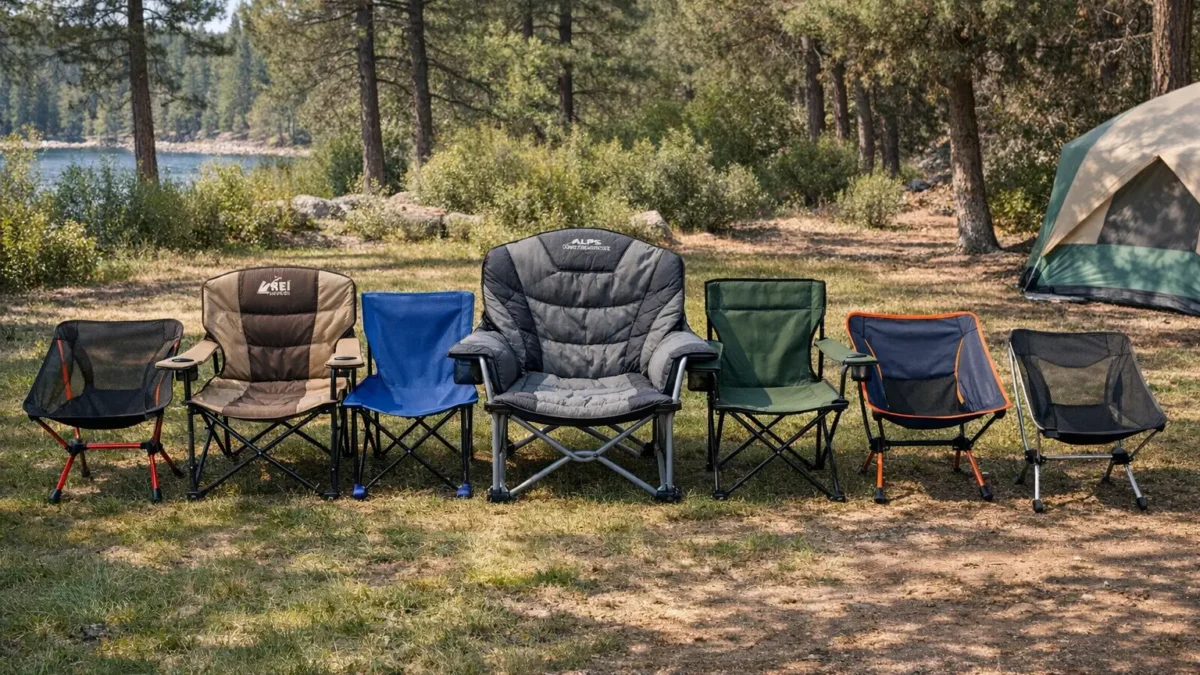 Camping Stühle verschiedener Hersteller nebeneinander aufgestellt