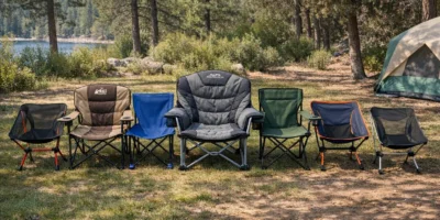 Camping Stühle verschiedener Hersteller nebeneinander aufgestellt