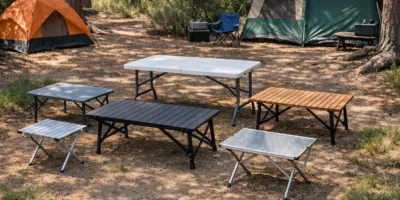 Verschiedene Campingtische aufgebaut in der Natur beim Camping