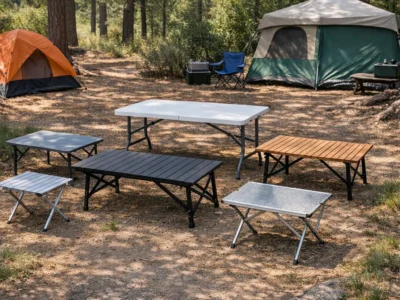 Verschiedene Campingtische aufgebaut in der Natur beim Camping