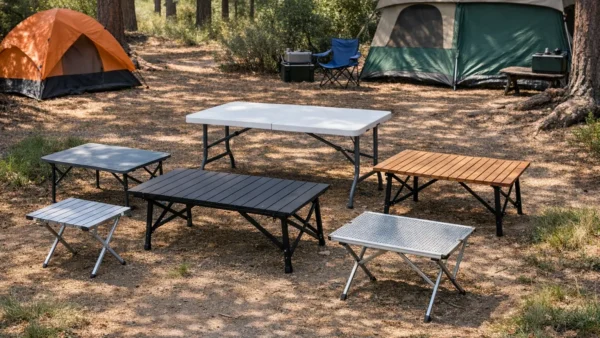 Verschiedene Campingtische aufgebaut in der Natur beim Camping
