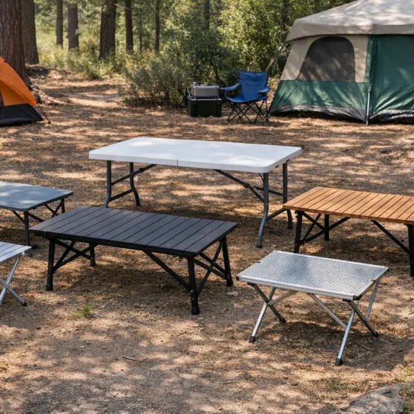 Verschiedene Campingtische aufgebaut in der Natur beim Camping