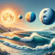 Mechanik der Ebbe und Flut mit Mond und Sonne über Meer an Küste