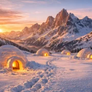 Iglu Camping Schneehütten bei Sonnenuntergang in verschneiter Berglandschaft