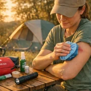 Person behandelt Mückenstich am Arm mit Kühlpack beim Camping