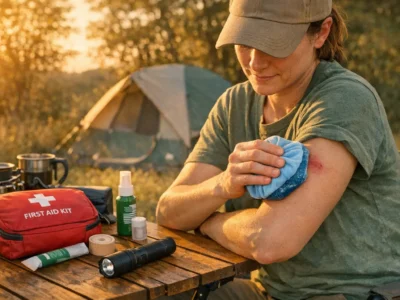Person behandelt Mückenstich am Arm mit Kühlpack beim Camping