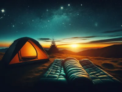 Schlafsack Camping im Outdoor-Zelt bei Sonnenuntergang