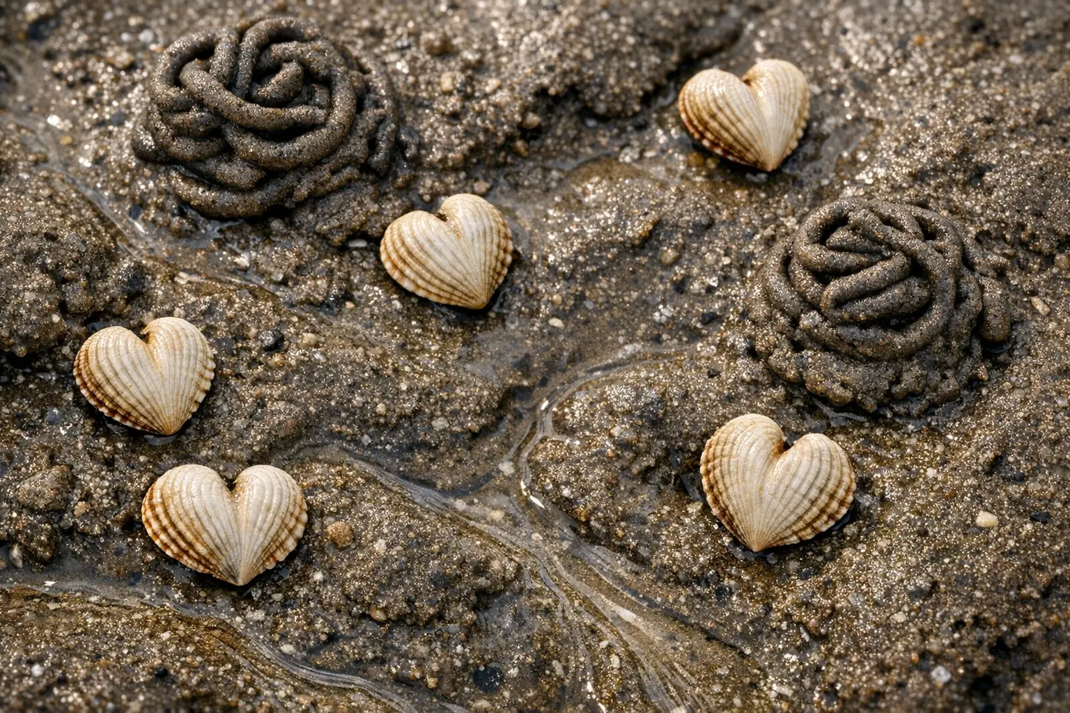 Wattwürmer Spuren und Herzmuscheln im Schlick des Wattenmeers