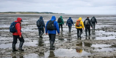 Menschen bei Wattwanderung im Wattenmeer bei Ebbe mit Blick auf die Nordsee