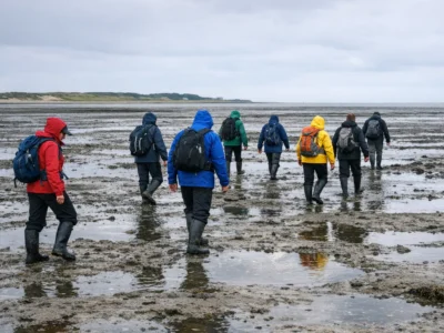 Menschen bei Wattwanderung im Wattenmeer bei Ebbe mit Blick auf die Nordsee