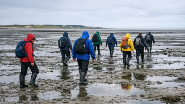 Menschen bei Wattwanderung im Wattenmeer bei Ebbe mit Blick auf die Nordsee
