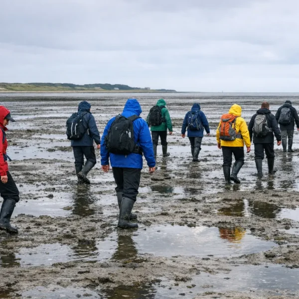 Menschen bei Wattwanderung im Wattenmeer bei Ebbe mit Blick auf die Nordsee