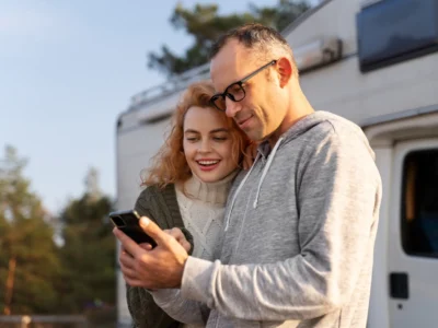 Ein freundliches, mittelnahes Foto zeigt ein lächelndes Paar, das gemeinsam auf den Bildschirm eines Smartphones blickt, das der Mann hält. Die Frau mit lockigem, rötlichem Haar lehnt sich an ihn und sieht interessiert zu. Im Hintergrund steht ein Wohnwagen oder ein Wohnmobil, leicht unscharf, was die Szene als Camping- oder Reiseumgebung identifiziert. Das Bild symbolisiert die gemeinsame Planung eines Verkaufs oder die Begutachtung einer Anzeige für den Wohnwagen verkaufen.